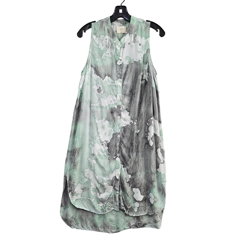 Tina Jo Shirt Dress Womens Medium Green Grey Tie Dye Rayon Sleeveless High Low